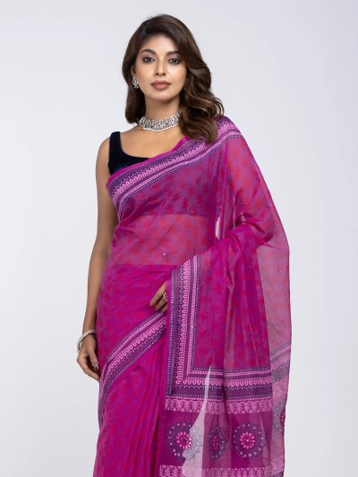 Magenta Printed and Embroidered Muslin